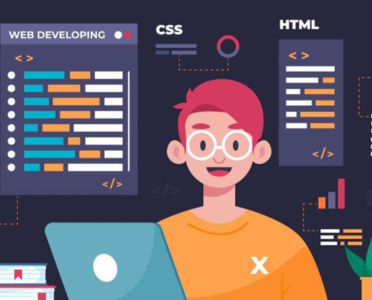 Imagen de desarrollador Front-End trabajando con HTML y CSS en su laptop