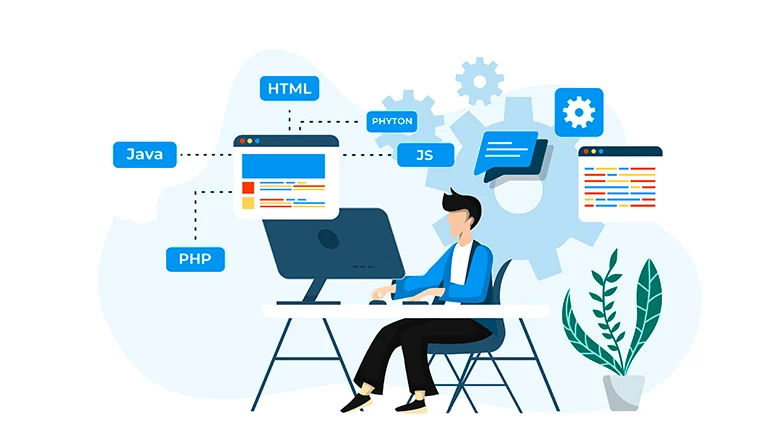 Desarrollador trabajando en su escritorio rodeado de tecnologías como HTML, JavaScript, Python y PHP, representando las habilidades necesarias para Front-End