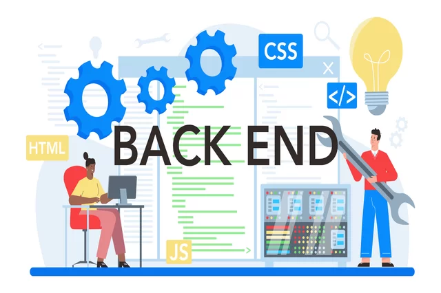 Ilustración de desarrollo Backend con engranajes, etiquetas HTML, CSS y JS, y personas trabajando en una infraestructura tecnológica