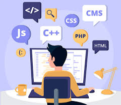 Desarrollador Backend de espaldas frente a una computadora, con íconos de PHP, JavaScript, C++ y bases de datos, representando un curso de programación del lado del servidor