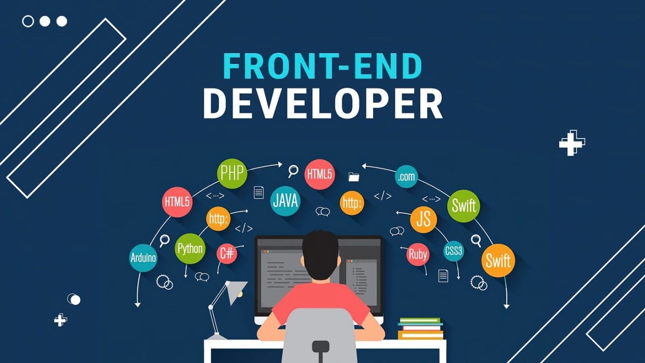 Persona desarrollando frente a una computadora con íconos de tecnologías como HTML, CSS, JavaScript y React, representando el ecosistema del desarrollo Front-End