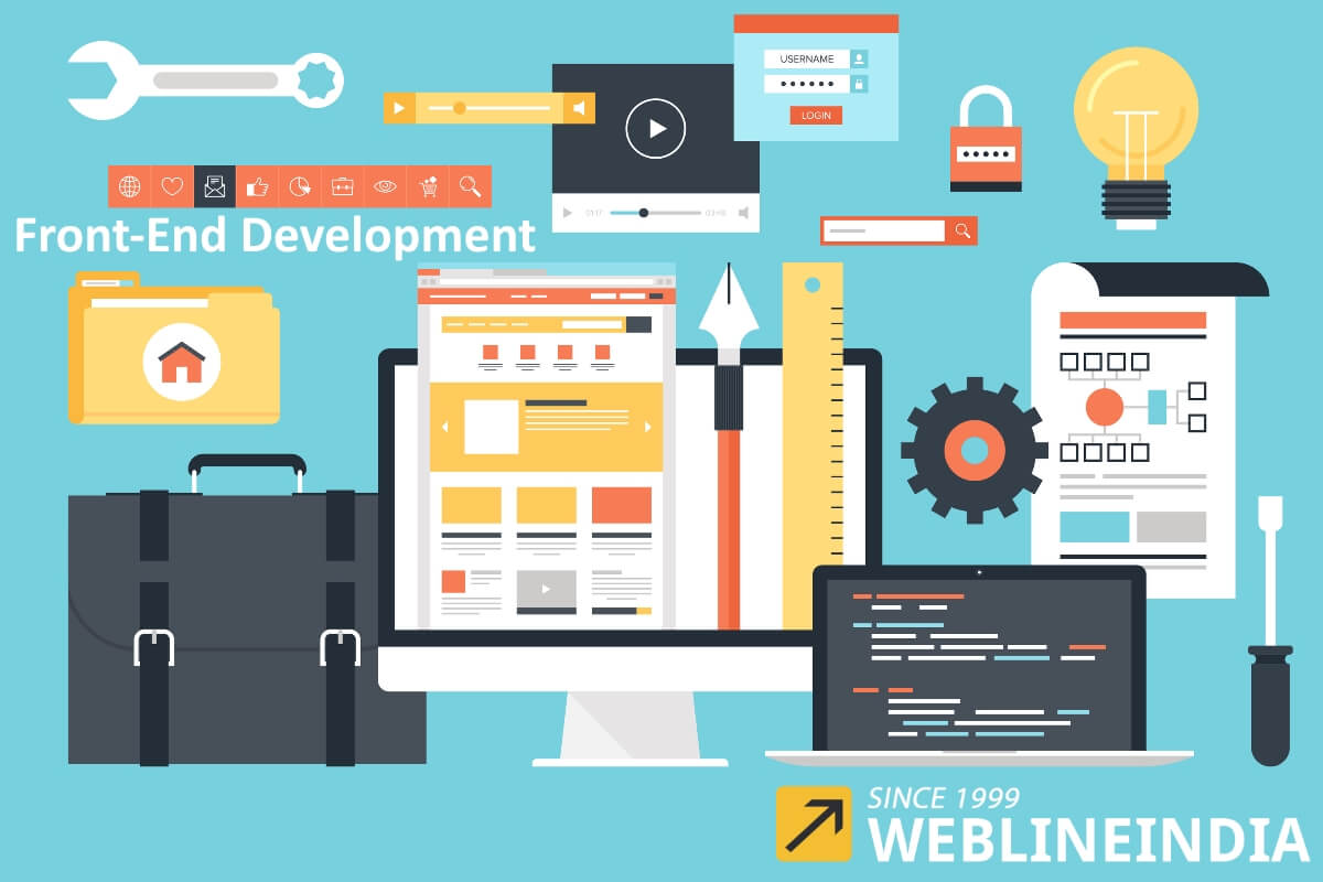 Ilustración del entorno de desarrollo Front-End con herramientas, pantallas, código y diseño web
