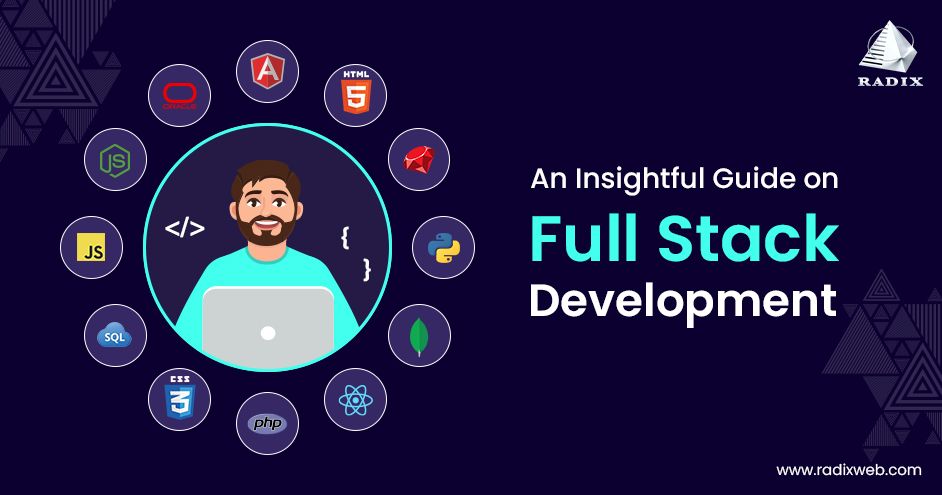 Imagen de desarrollador Full-Stack rodeado de tecnologías como Angular, Node.js y Python, destacando el enfoque integral del desarrollo web
