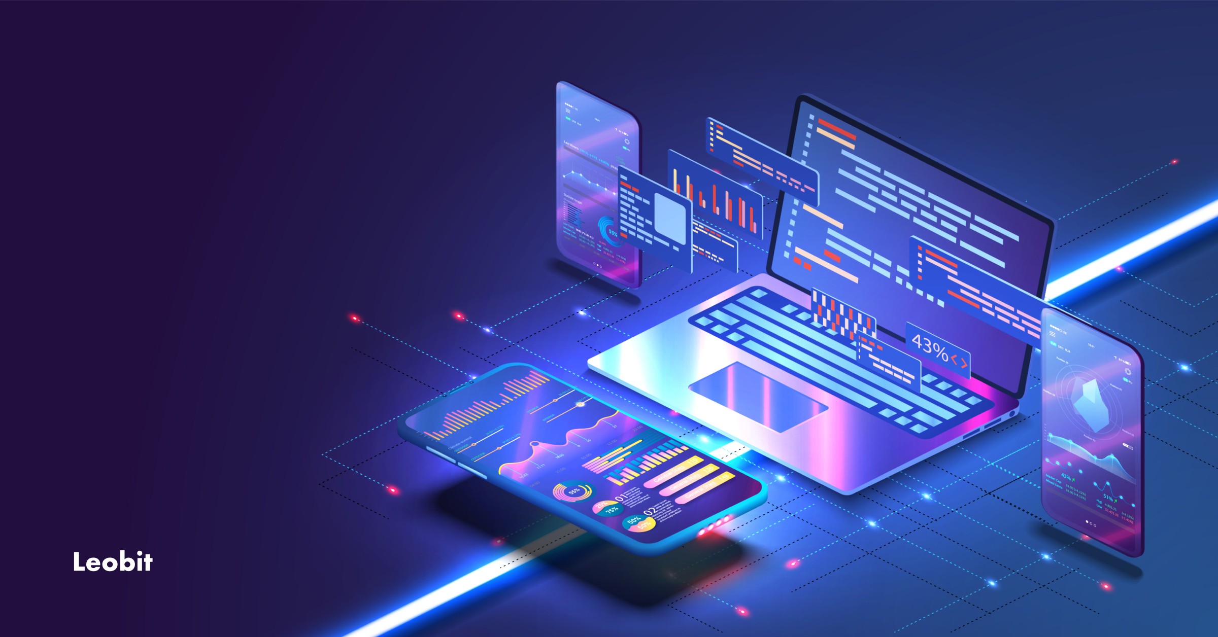 Dispositivos digitales con pantallas flotantes de código y gráficos, representando el trabajo integral de un desarrollador Full-Stack
